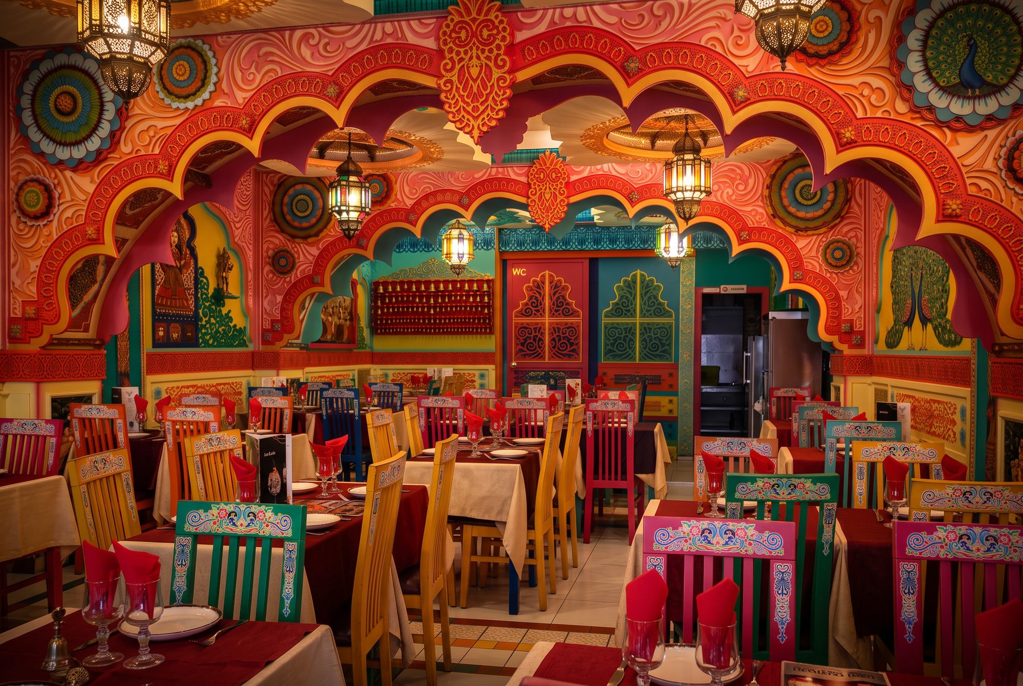 The colourful hand-painted dining room at Swaagat